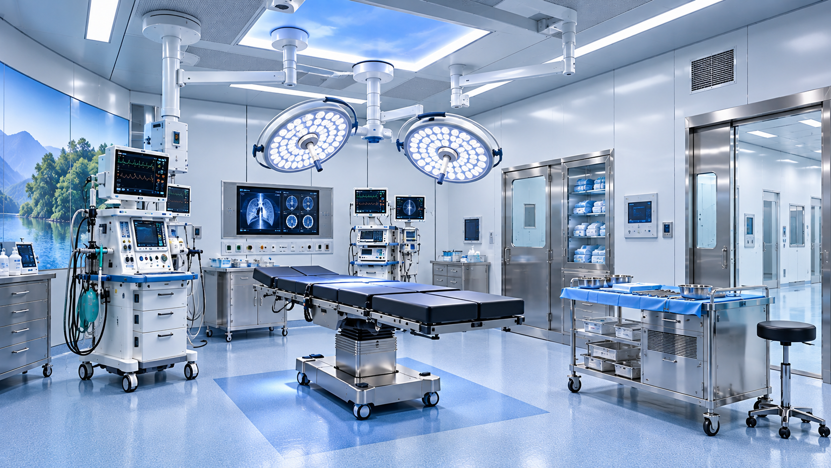 Modular operation theatre with coordinated ceiling, lighting and air systems